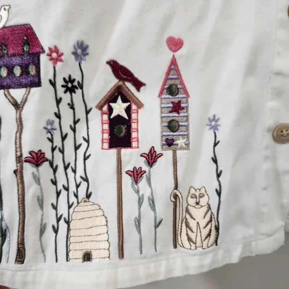 Vintage Christopher & Banks embroidered cat & birds button front shirt jacket XL - Picture 4 of 9